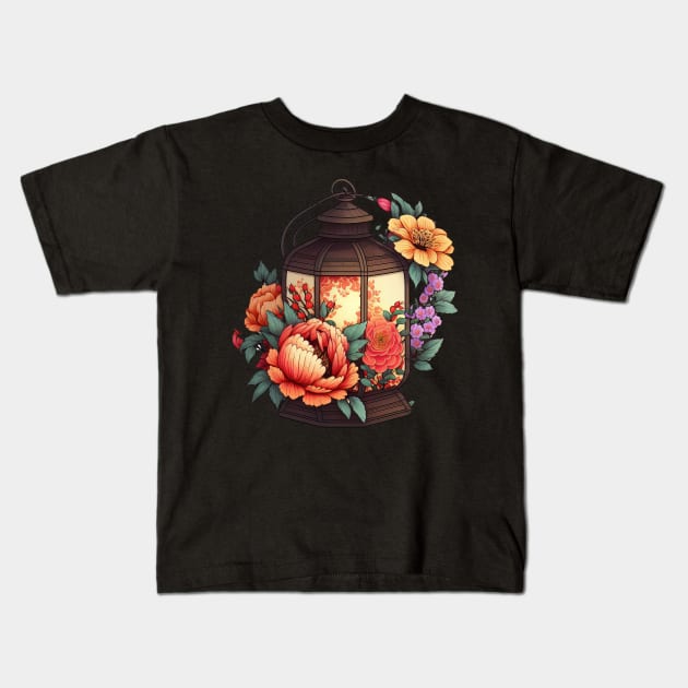 Cute Chinese Lantern Flower Design on Red Background Kids T-Shirt by kansaikate